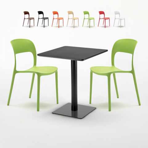 Licorice Set Made of a 60x60cm Black Square Table and 2 Colourful Restaurant Chairs