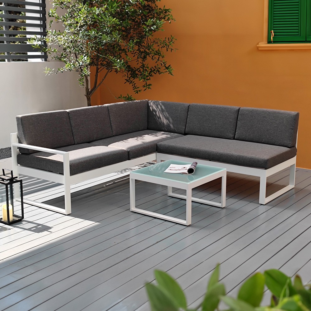 Jamila Outdoor Garden Sofa Set with Corner Sofa and Glass Coffee Table