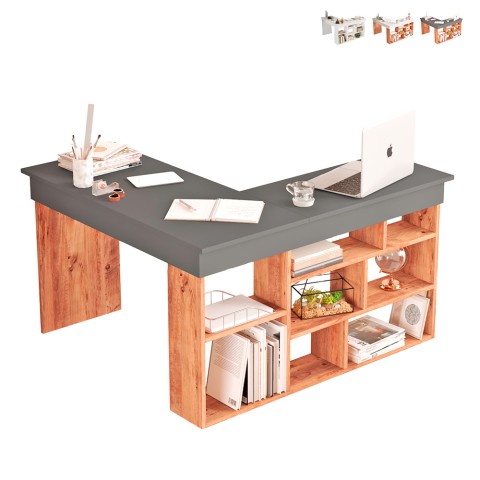 L-shaped desk with bookshelf 120x120cm in wood 5 shelves Arvada Promotion