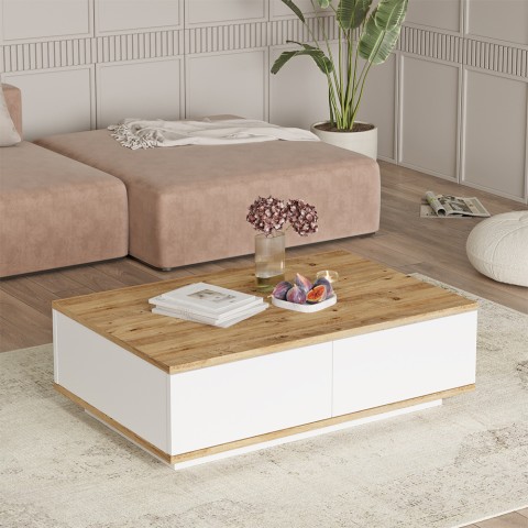Low white coffee table with 2 wooden doors 90x60cm Tynne Promotion