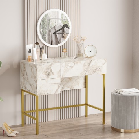 Makeup Vanity Table with 3 Drawers, White Marble Top and Gold Legs Helier Promotion