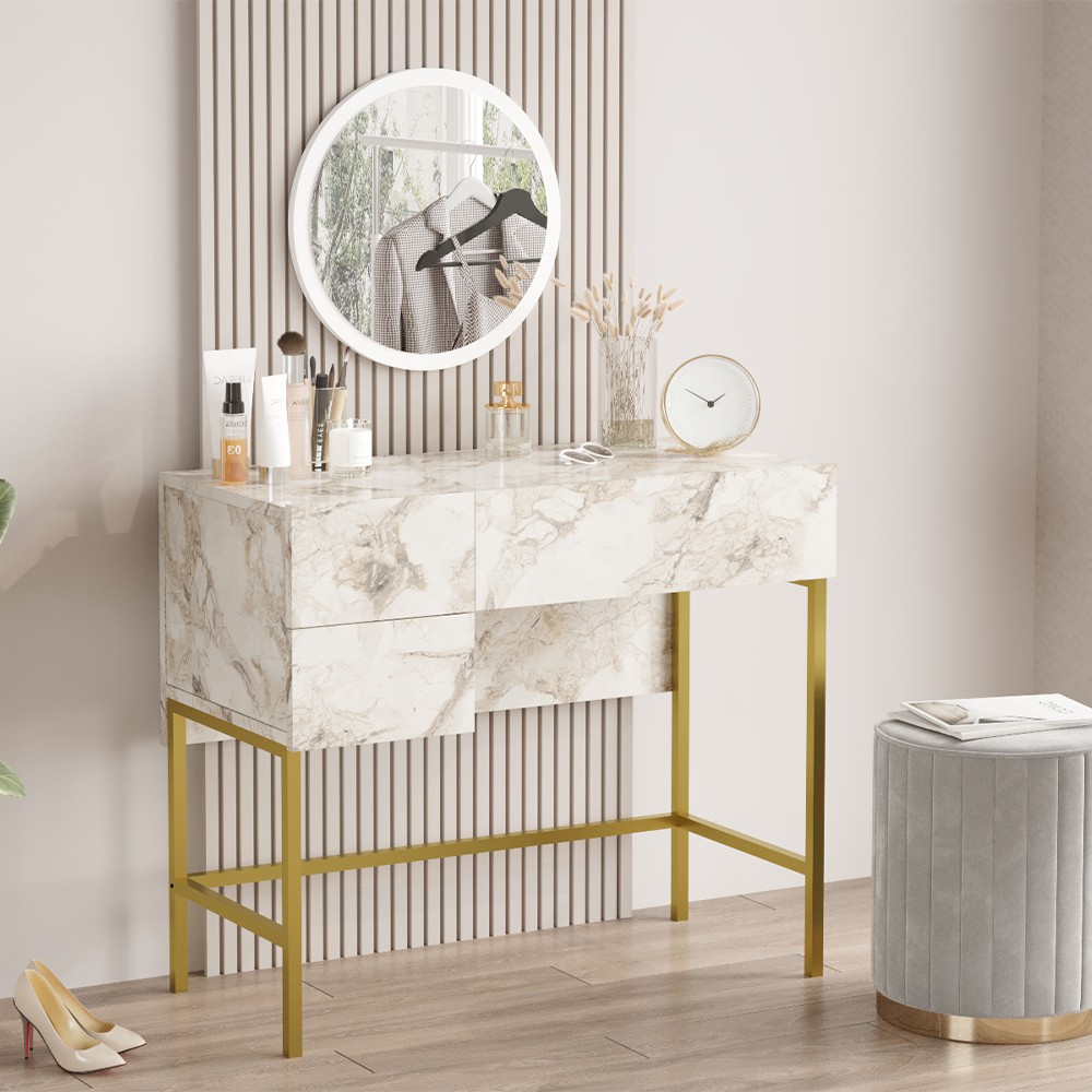 Helier Vanity Console Table with Mirror, 3 Drawers, White Marble Top, Gold Legs