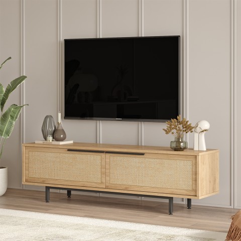 Portable TV Stand 160x36cm in wood 2 doors rattan effect Bayeaux Promotion