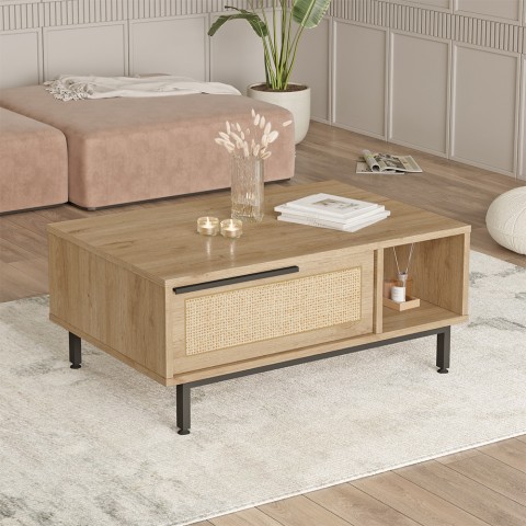 Coffee table 90x60cm in wood with storage compartment and rattan effect Micheau Promotion