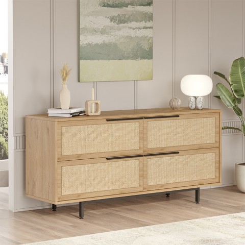 Wooden Media Sideboard Cabinet for Living Room Kitchen with 4 Rattan-effect Doors Dhunnan Promotion