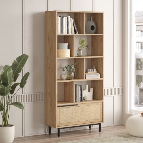 Wooden Bookshelf 8 Shelves Flip-Down Door Rattan Effect 84x30x175cm Ravel Promotion