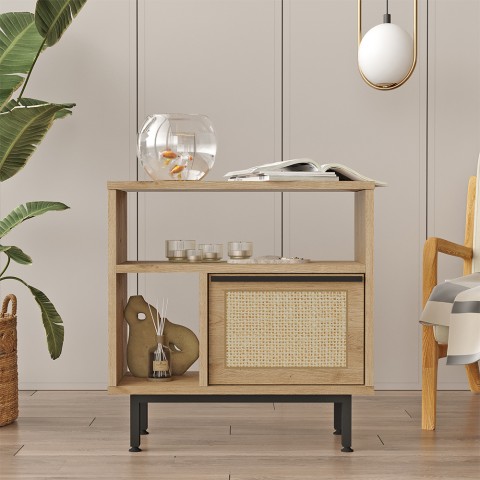 Living room Cabinet 60x26x60cm Wood 2 Shelves Rattan Effect Door Opoli Promotion