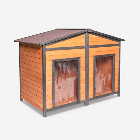 Wooden outdoor dog house medium size 150x79x110 double entrance Oscar

(GERMAN) - Holzhaus Hundehütte für draußen mittelgroß 150