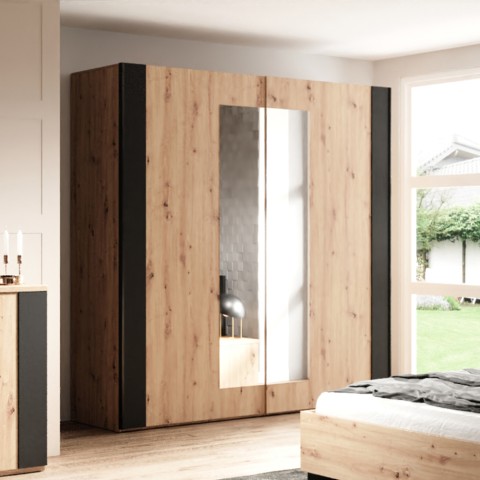 Wardrobe 2 sliding doors mirror wood oak black 200x64x213 Cadoc Promotion