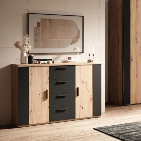 Wooden Oak Natural Sideboard Chest of Drawers 2 Doors 4 Drawers Black Gael Promotion