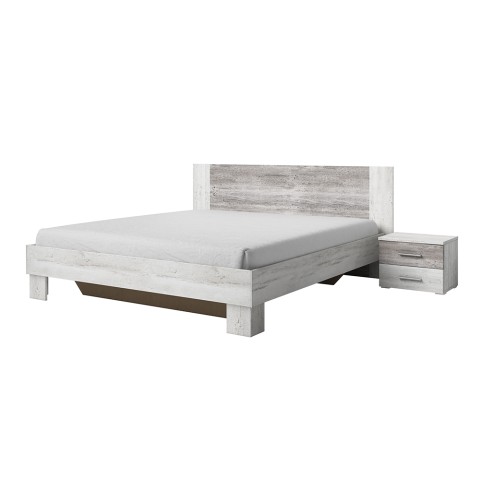 Double bed 160x200 white wood 2 nightstands slatted bed base Indra Promotion