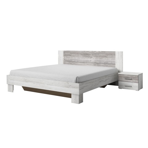 Queen Bed 180x200 with Slatted Base and 2 White Wooden Nightstands Mosnay Promotion