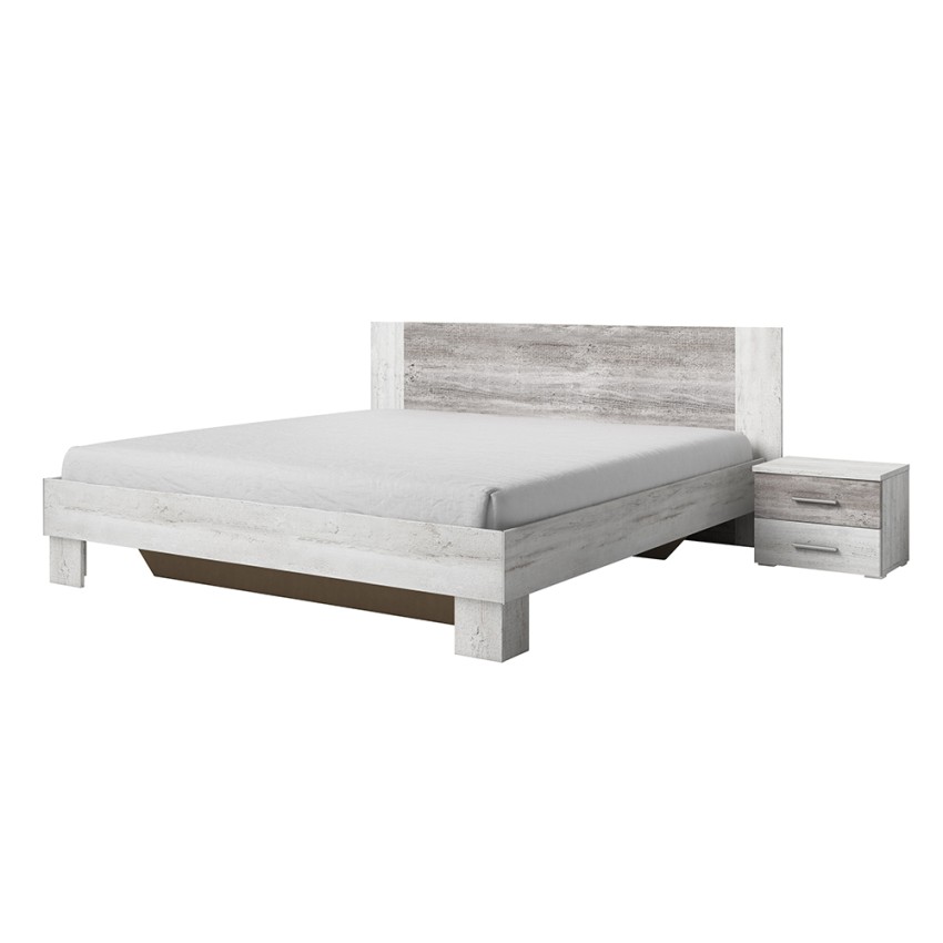 Queen Bed 180x200 with Slatted Base and 2 White Wooden Nightstands Mosnay Promotion