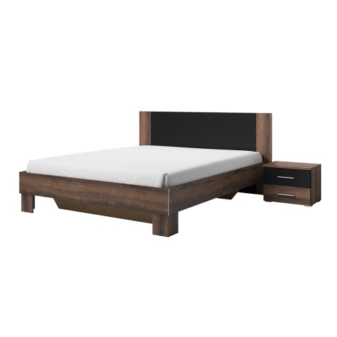 Queen Size Bed 160x200 with 2 Black Oak Nightstands and Slatted Base Kivel Promotion