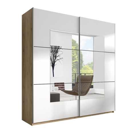 Wardrobe 2 sliding doors white mirror wood oak 180x60x210 Elaisa Promotion