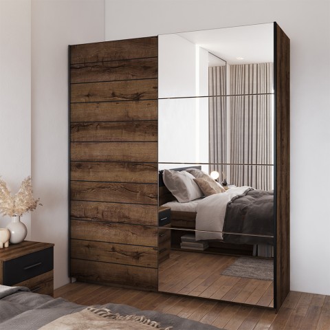 Dark oak bedroom wardrobe 2 sliding doors mirror Ketou Promotion
