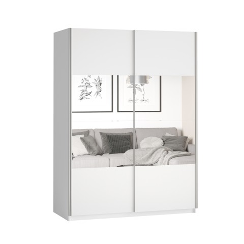 White Wardrobe 150x61x210 Sliding Mirror Doors Olette Promotion
