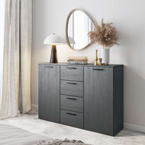 Black bedroom chest of drawers 4 drawers 2 doors 132x38x93 Lyssa Promotion