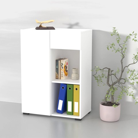 Low White Office Bookshelf with Door Drawer Shelf 65x35x89cm Maelis Promotion
