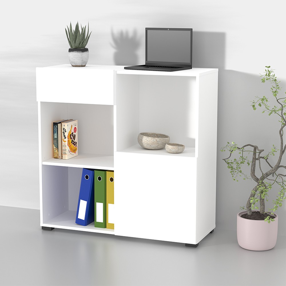 Low Office Bookcase with Drawer, Door, 2 Shelves, White, 90x35x89cm, Habren