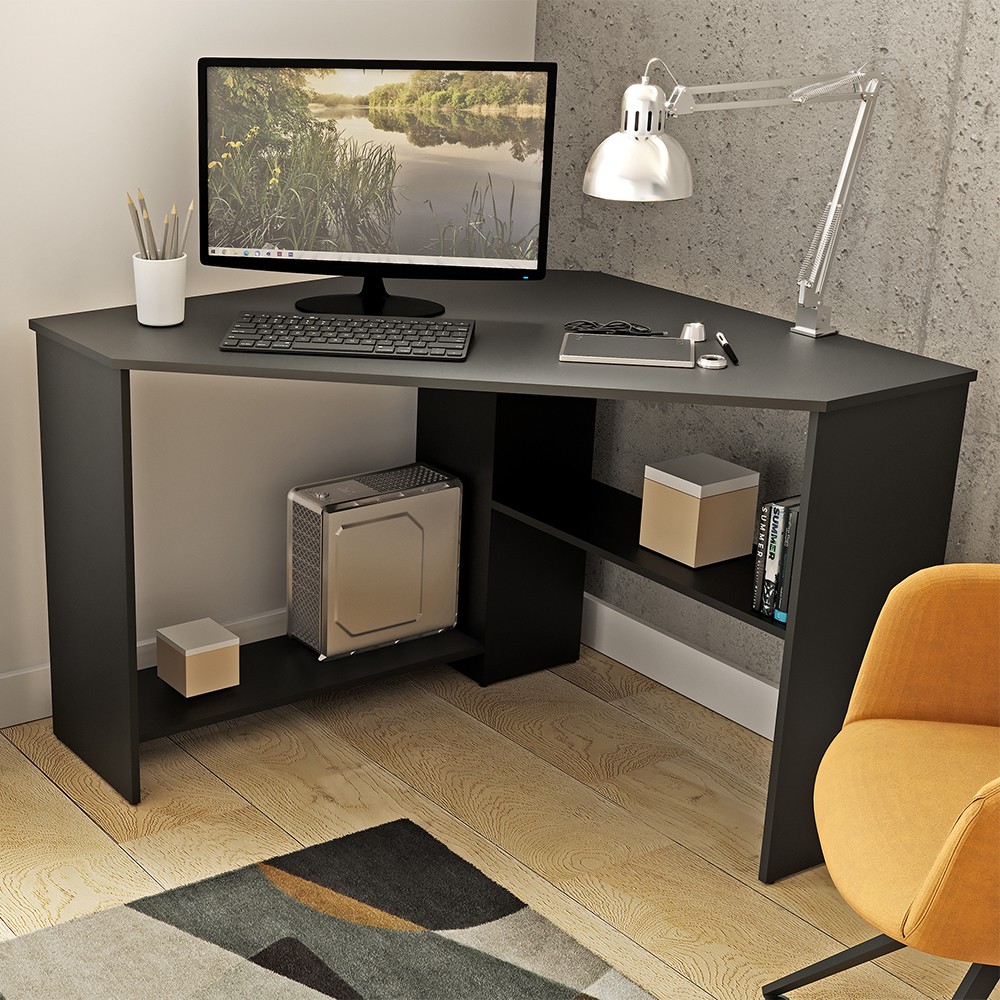 Black Corner Desk 80x80x73cm Office Study Space-Saving Newman