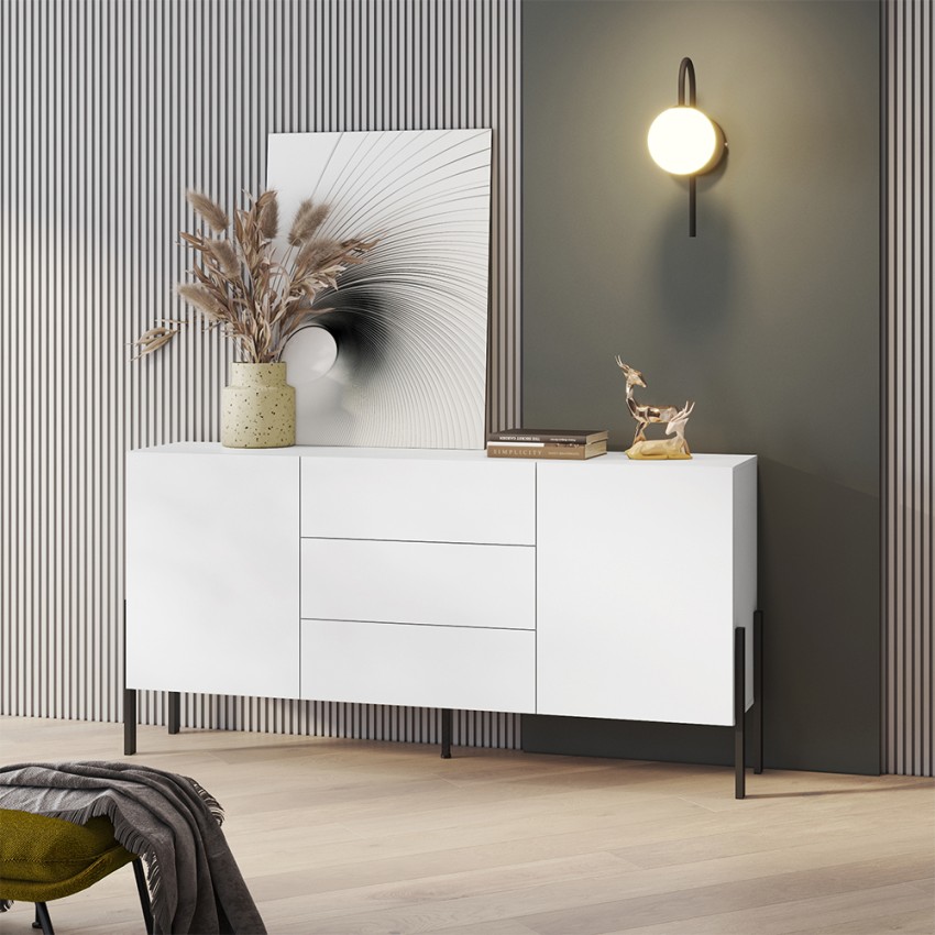 Modern White Sideboard for Dining Room, 2 Doors 3 Drawers - Ducey Promotion