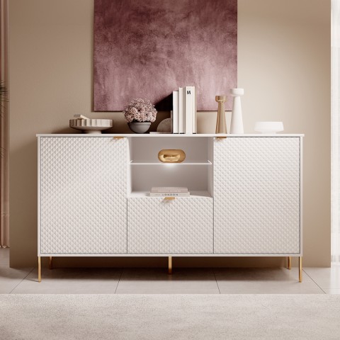 White 3-door Modern Mobile Sideboard with LED light for Living Room Kitchen Sandani Promotion