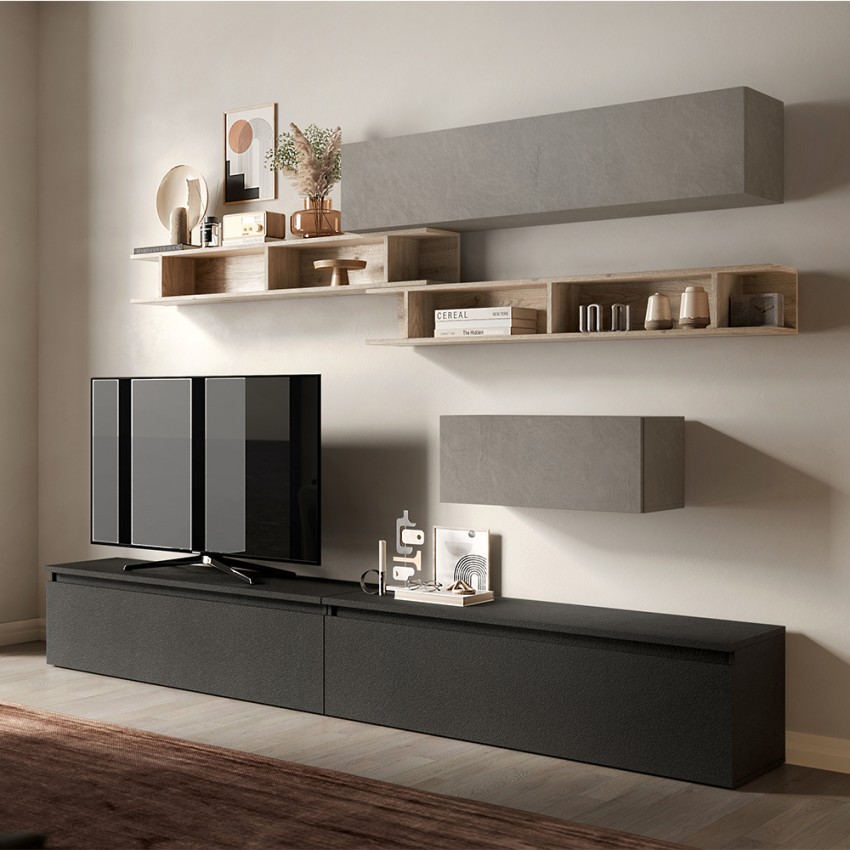 Modern Gray Living Room TV Wall Unit with Wooden Shelves Infinity 39 On Sale
