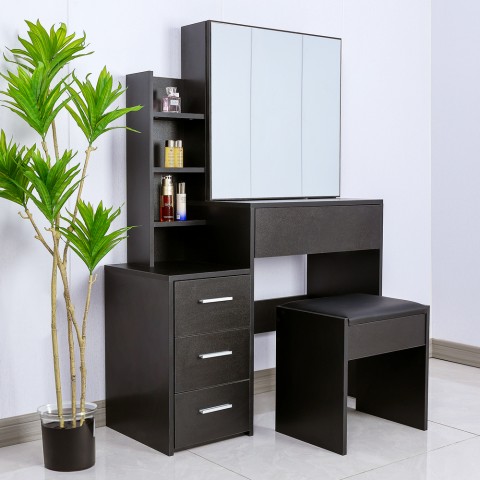Black Makeup Vanity Set with Mirror, Drawer & Pouf - Marilyn Black Promotion