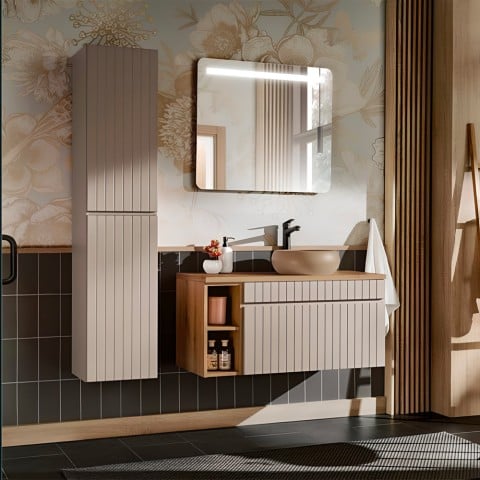 Suspended bathroom vanity unit in beige with countertop basin, mirror, and cabinet Coast 100 SNA Promotion