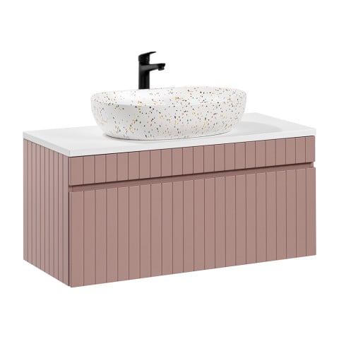Suspended bathroom vanity with pink and white countertop sink Lili 100 Promotion