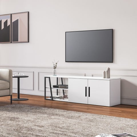 Living Room TV Stand 150cm Modern Glossy White Black 2 Doors Hyeres Promotion