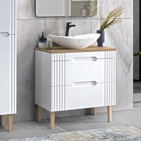 Floor white wood bathroom cabinet with marble effect countertop sink Fiji Promotion