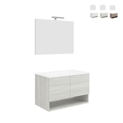 Suspended design bathroom cabinet with sink doors 80cm LED mirror Oslo 80 Promotion