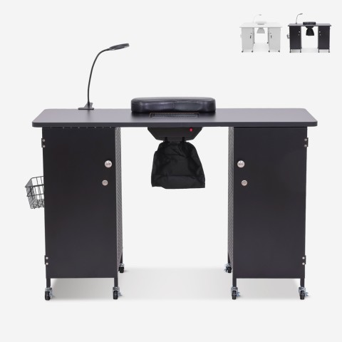 Nail table with wheels, extractor, lamp white black Talos Promotion