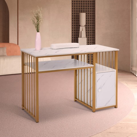 Revin Nail Technician Table with Marble Effect Design and Gold Metal Finish Promotion