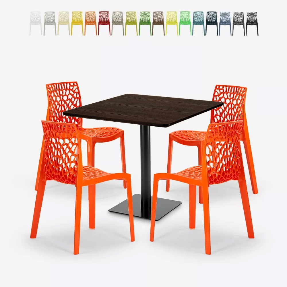 Horeca Wooden Metal Table Set 90x90cm with 4 Stackable Design Chairs Dustin