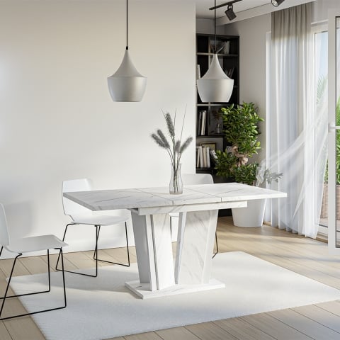 Extendable white kitchen table marble effect 120-160x80cm Doha 2 Promotion