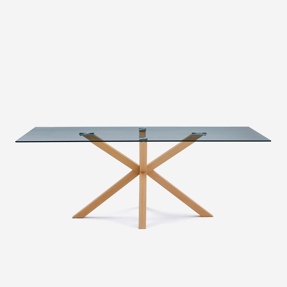 Horo Glass and Wood Design Table 200x100cm with Crossed Legs