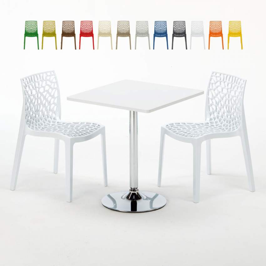 Cocktail Set Made of a 70x70cm White Square Table with Steel Pedestal Base and 2 Colourful Gruvyer Chairs Offers