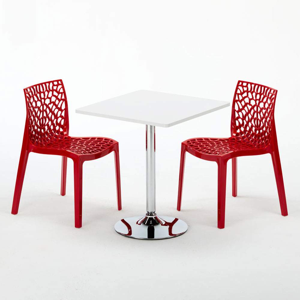 COCKTAIL Set Made Of A 70x70cm White Square Table With Steel Pedestal Base And 2 Colourful Gruvyer Chairs