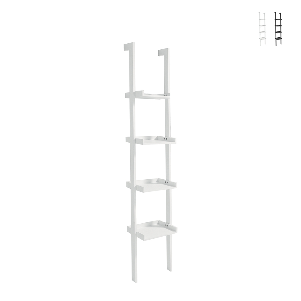 Little Peoria Modern White Wall-Mounted Ladder Bookshelf with 4 Shelves, 180cm Height