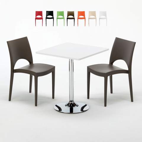 Cocktail Set Made of a 70x70cm White Square Table with Steel Pedestal Base and 2 Colourful Paris Chairs