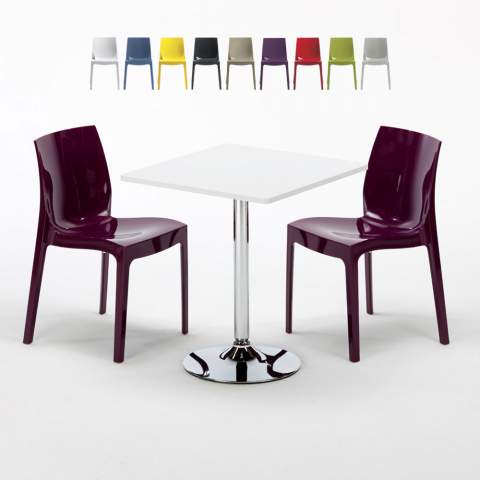Cocktail Set Made of a 70x70cm White Square Table with Steel Pedestal Base and 2 Colourful Ice Chairs