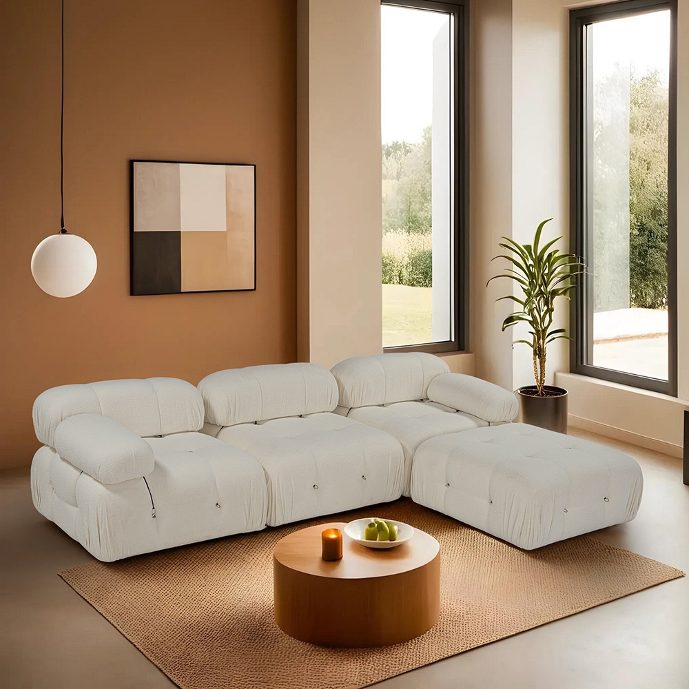 4-Seater Modular Sofa with Footstool in White Bouclé Bubble 3SPB Promotion
