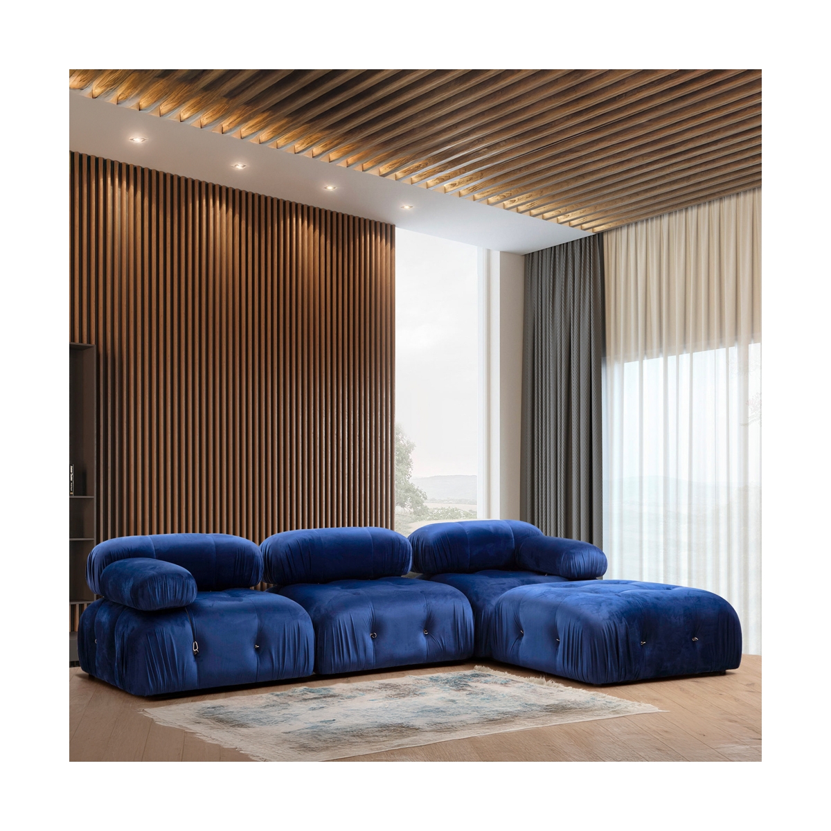 4-Seater Modular Blue Velvet Sofa with Ottoman - Bubble 3SPV Promotion
