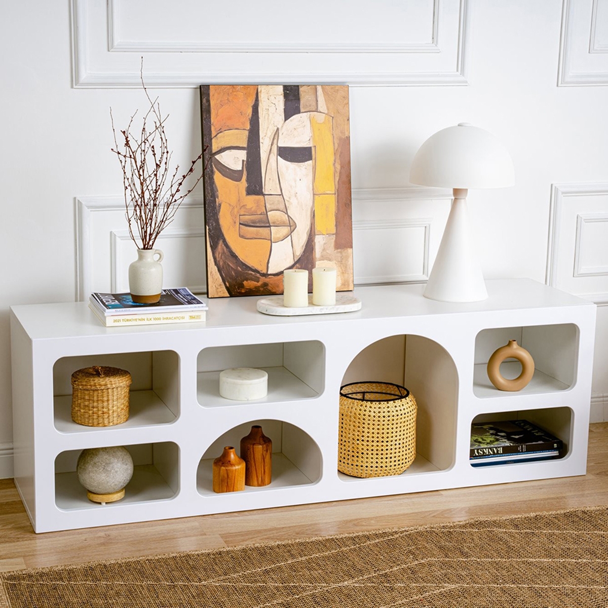 White Lorin Low Design TV Stand 160x40cm with 7 Compartments Promotion