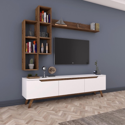 Sirio Modern TV Wall Unit with Open Shelves in White and Natural Finish Promotion