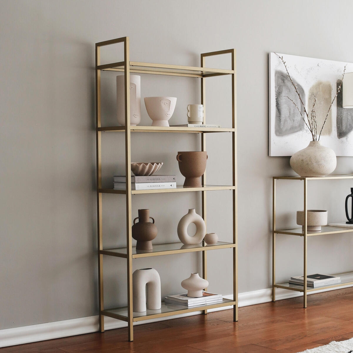 Lola Tall Wall Bookshelf, 165cm, Gold Metal with Glass Shelves