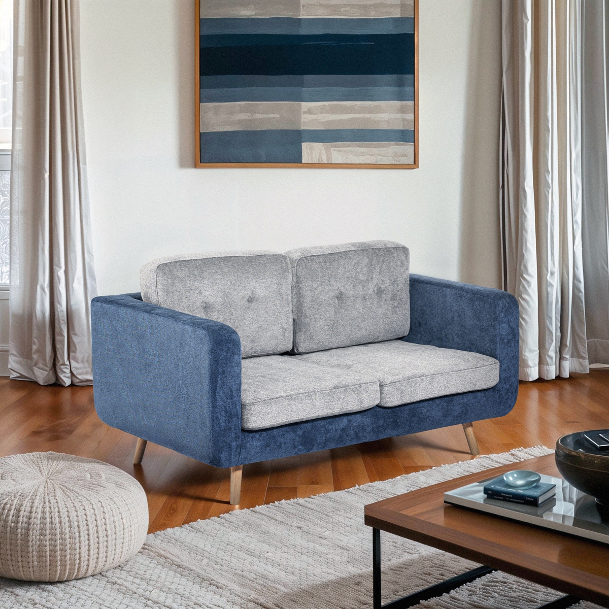 Two-Seater Sofa in Two-Tone Gray and Blue Fabric with Reversible Cushions Biko